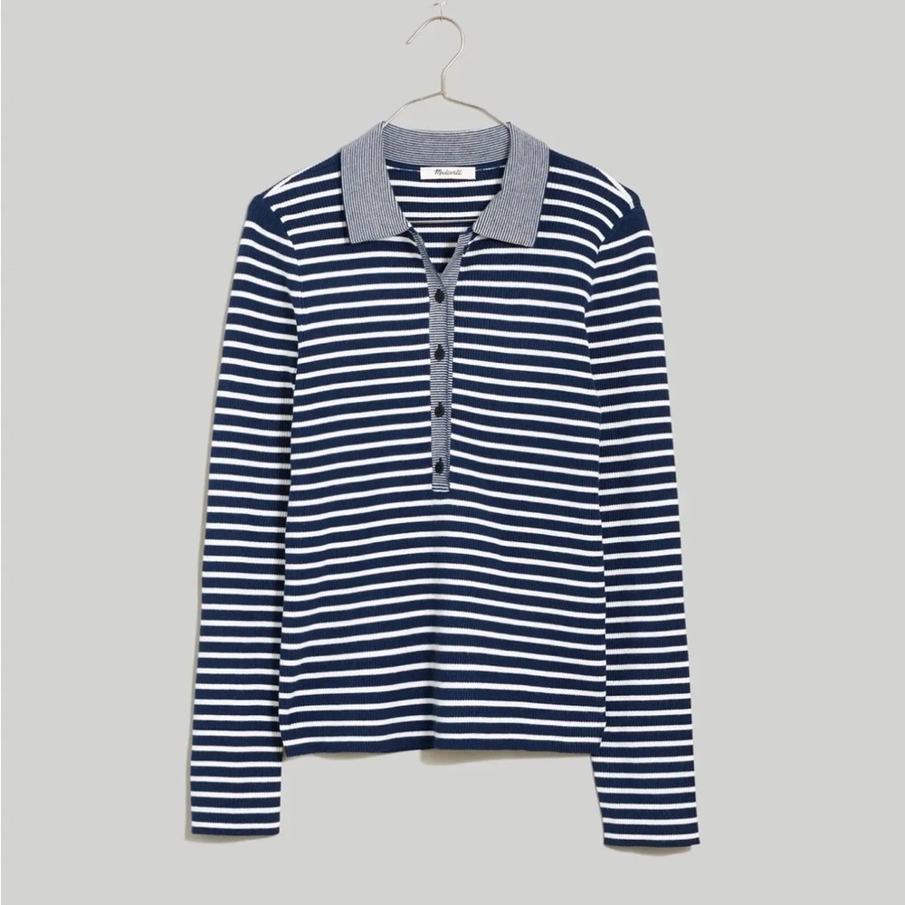 Madewell Navy & White Striped Polo Knit Sweater